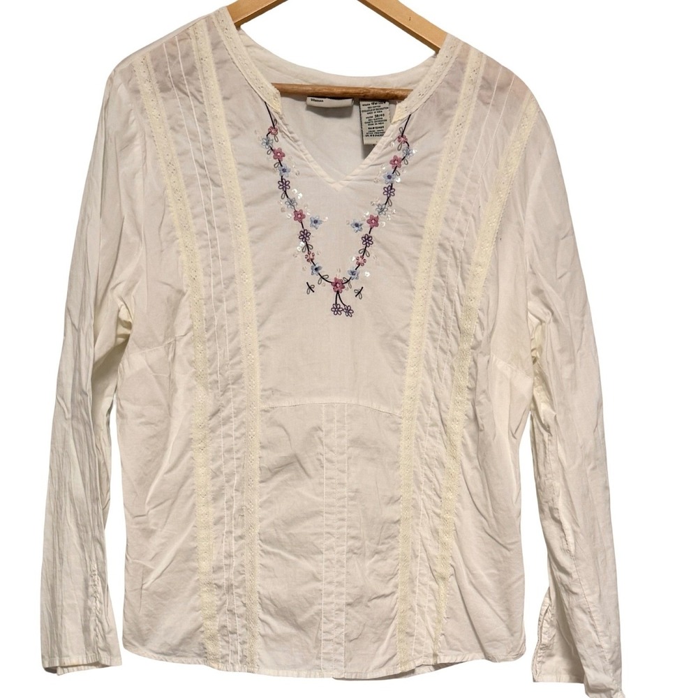 Vintage Y2K Faded Glory Top Size 18W/20W White Embroidered Floral Boho Peasant